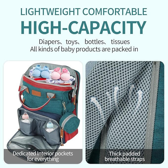 large diaper bag backpack，baby bag with changing station for Boys Girls，Multifunctional Diaper Bag，Mommy Bag With USB Charging Port（Blue-green-red）
