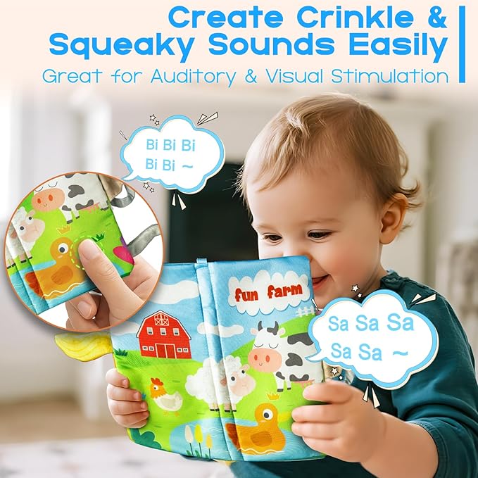 Soft Book Toys for Babies 0-18 Months, 2PCS Crinkle Cloth Books – Farm Transportation Themes, Tails Sensory Book with Rings for Hang, Montessori Early Learning Infant Toy for 0-6-12-18 Month