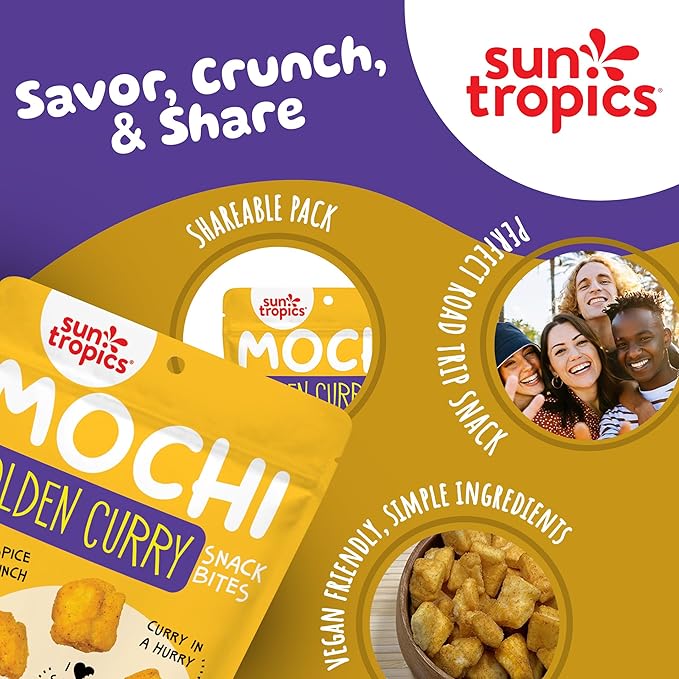 Sun Tropics Mochi Snack Bites, Golden Curry Flavor- 3.5 oz (6 Pack) | Crispy Crunchy Mochi Bites, Rice Nuggets | Mochi Puff Rice Crackers- Gluten Free & Dairy Free- No MSG Added | Asian Rice Snacks