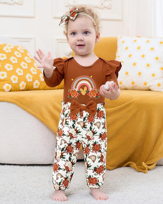 Baby Girl Clothes Newborn Infant Cotton Ruffle Romper+ Floral Pants + Headband Sets Fall Winter Outfits
