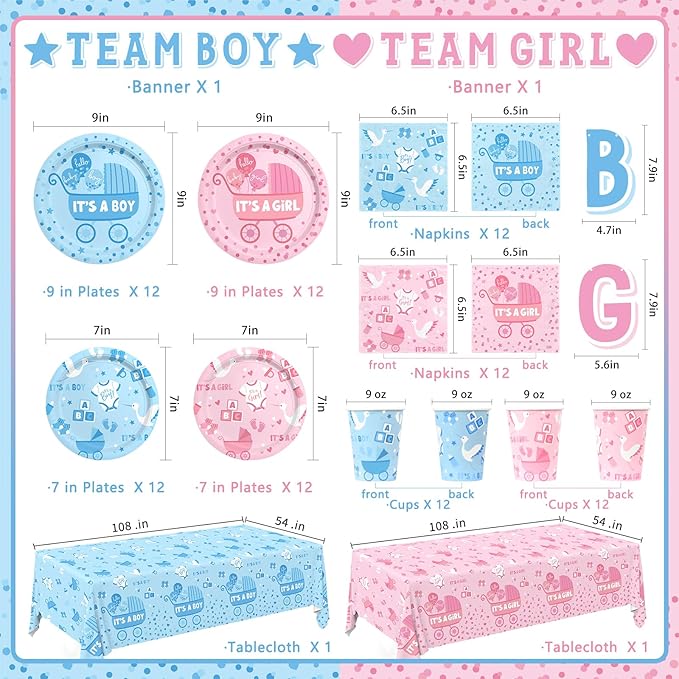 Baby Gender Reveal Decorations for 24 Guests - Boy or Girl Decorations Kit Including Disposable Plates, Napkins, Cups, Tablecloth & Banner for Baby Shower Party Decorations