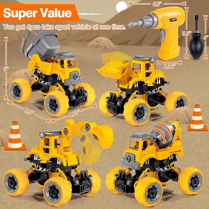 LUDILO 4PCS Take Apart Toys for 4 Year Old Boys Construction Toys with Electric Drill DIY Assembly Building Stem Toys Trucks Gifts for 3 4 5 6 7 8 Year Old Boys Girls Kids Learning Educational Toys
