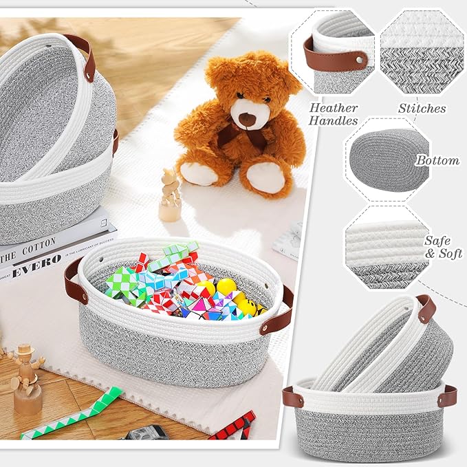 3 Pack Small Woven Basket for Gifts with Handles Clear Bags and Ribbons Empty Storage Basket Decorative Chest Box for Birthday Present Baby Shower Wedding(White and Grey,12"x 8"x 5")