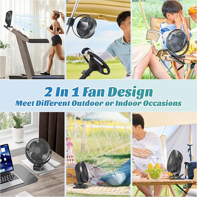 ATEngeus USB Desk Fan, Rechargeable Portable Fan, 8-Inch Clip on Fan, 10000mAh Stroller Fan, 4 Speeds Strong Airflow, 720° Rotation, with Sturdy Clamp, Suitable for home, office and stroller