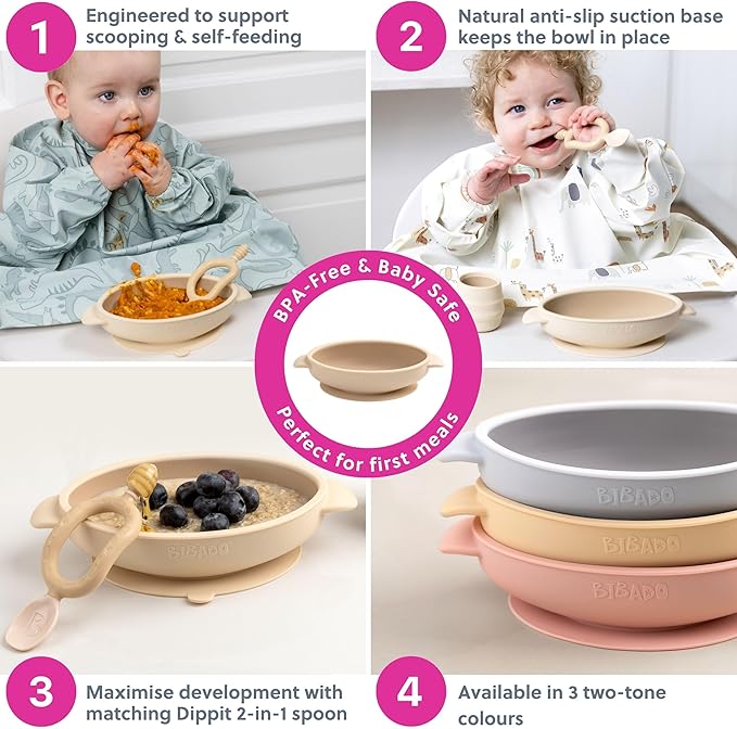 BIBaDO - Silicone Baby Bowl (Fawn) - Stay Put Suction Bowl - Oval Shape - First Meals & Snacks - Durable, Dishwasher & Microwave Safe, BPA Free - Medical Grade - Baby Essentials - 6 Months to 3 Years