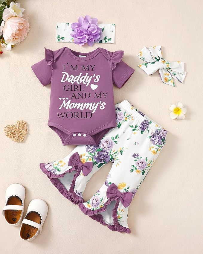 SUNNY PIGGY Newborn Baby Girl Clothes Infant Outfits Romper Floral Fall Outfit Bell Bottoms Pant Sets Hat Headband Flowerpant