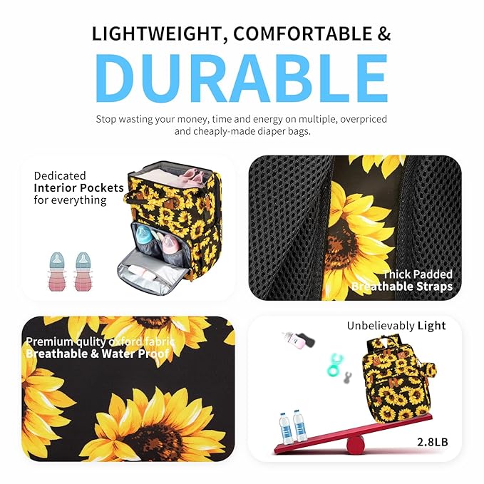 KABAQOO Diaper Bag Backpack with Detachable Changing Station, Large Capacity Baby Diaper Bags for Boys & Girls, Baby Registry Search Stuff & Shower Gifts, Newborn Essentials Must Haves, Sunflower
