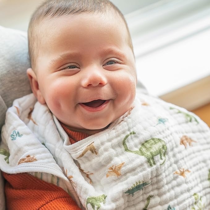 aden + anais Essentials Baby Burpy Baby Bib, 100% Cotton Muslin, Soft Absorbent 4 Layers, Multi-Use Burp Cloth and Bib, 22.5” X 11”, Single, Dino Jungle