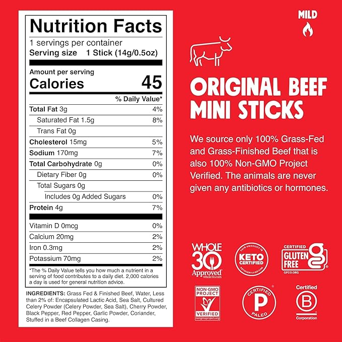 Chomps Snack Size Grass-Fed Original Beef Jerky Snack Sticks 0.5oz 24-Pack - Keto, Paleo, Whole30, 4g Lean Meat Protein, Gluten-Free, Zero Sugar Food, Non-GMO Chomplings