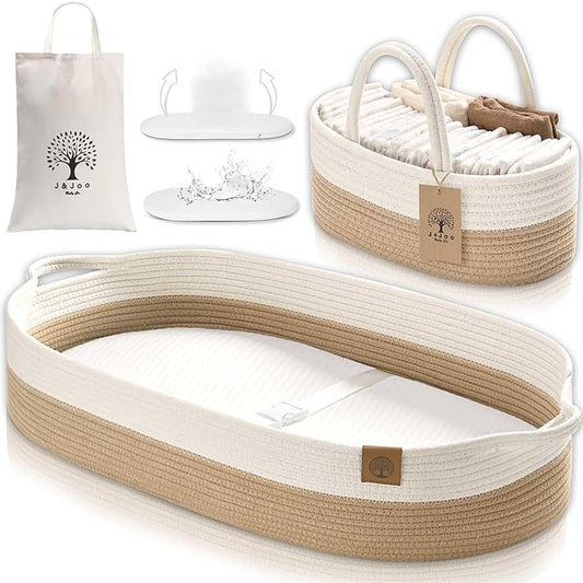 J&JOO Baby Changing Basket includes Diaper Caddy - Breathable & Waterproof Dual-Cover, Portable, Changing Pad for Dresser & Changing Table, Gift for Baby Shower (Brown & White, Diaper Caddy Set)