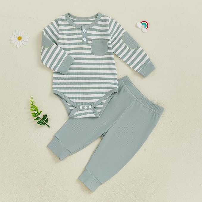 fhutpw Baby Boy Clothes 3 6 12 18 Months Ribbed Knitted Long Sleeve Romper and Pants Sets Newborn Fall Splicing Color Outfits