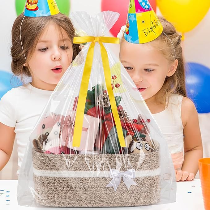 OIAHOMY Large Woven Storage Basket with Handles for Nursery Living Room Shelves, Bow Basket for Gifts Empty with Gift Bags and Ribbons for Baby Showers Pet Toy Bin - Brown & White