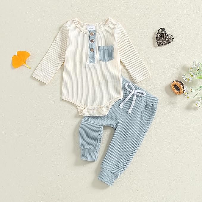 fhutpw Baby Boy Clothes 3 6 12 18 Months Ribbed Knitted Long Sleeve Romper and Pants Sets Newborn Fall Splicing Color Outfits