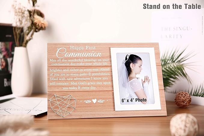 Happy First Communion Present-Confirmation Present-Holy 1st Communion Gift-Catholic Confirmation Gift-May God's Grace Stay Upon You Today and Every Day-Wooden Photo Frame Picture Frame