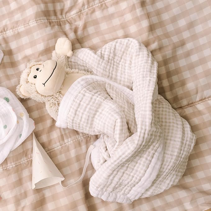 Little Unicorn Newborn Receiving Quilt | Ultra- Soft, Multi-Layered Muslin Fabric | Gift for Newborns & on-The-go (Tan Gingham)