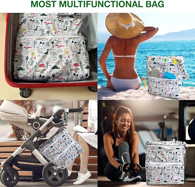 FLOCK THREE 3D Waterproof and Washable Wet Bag Luggage Organiser for Travel storage Stroller Daycare Baby Diapers Yoga Beach Pool Swimsuits Luggage Packing for Travel Accessories (Dinosaur)