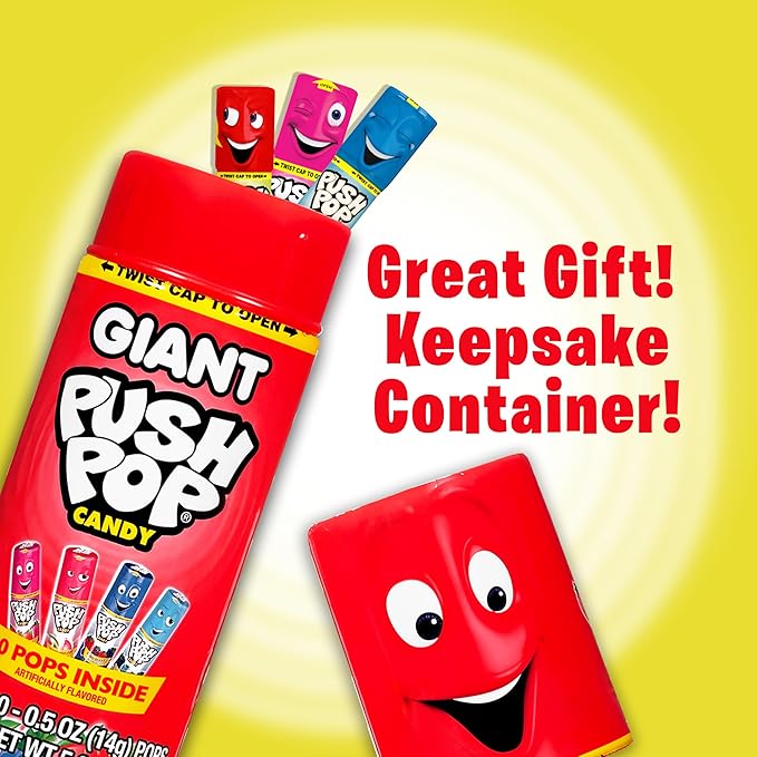 Push Pop Giant Candy Lollipop Container, 10 Ct Individually Wrapped in Assorted Fruity Flavors, Full Size, Fun Hard Candy For Party Favors, Birthday Parties, Goodie Bags, Fun Gifts for Kids
