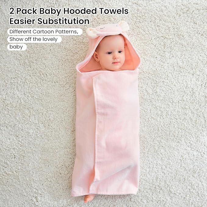 Mooreeke 2 Pack Baby Towels - 100% Cotton Baby Hooded Towels - Soft Baby Bath Towels with Hood for Newborn - Comfort Towels for Baby Girls and Boys - Animal Shaped Design (Duck & Elephant)