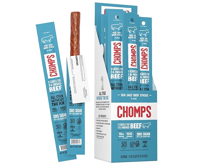 CHOMPS Grass Fed Sea Salt Beef Jerky Snack Sticks, Keto, Whole30, Paleo, Gluten Free, Sugar Free, Low Carb, AIP Diet Compliant, 1.15 Oz, Pack of 24