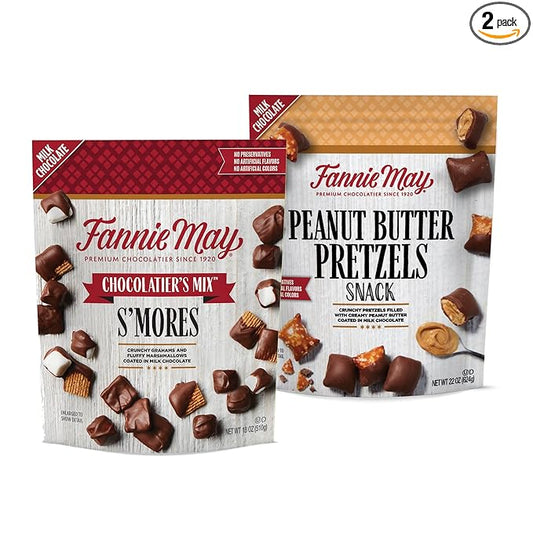 Fannie May, Milk Chocolate Candy, S'mores Snack Mix and Peanut Butter Pretzel Snack, 2 Pack, 18 oz and 22 oz Bags