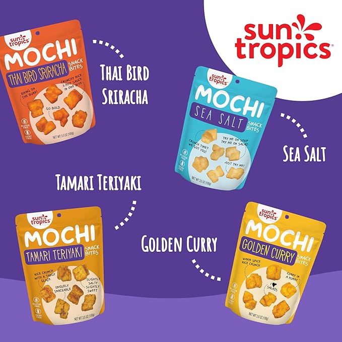 Sun Tropics Mochi Snack Bites, Variety Pack- 3.5 oz (6 Pack) - Crunchy Mochi Snacks - Gluten Free & Dairy Free, No MSG - Asian Rice Snacks