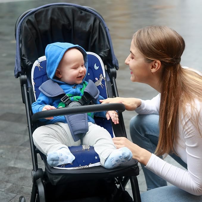 Baby Stroller Cushion,Infant Car Seat Insert-Reversible Universal Breathable and Soft Newborn Stroller Mat,100% Cotton Cover Toddler Seat Pad Liner-34x78cm,1 Pack(Blue Zebra)