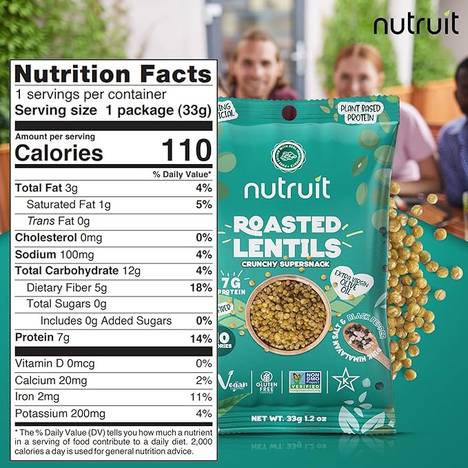 Nutruit Roasted Lentil Snack - Himalayan Salt & Black Pepper Healthy - Vegan, Gluten Free, Non-GMO, High Protein, Healthy On-The-Go, Low Calorie Lentils - 1.2oz Packs (20-Pack)
