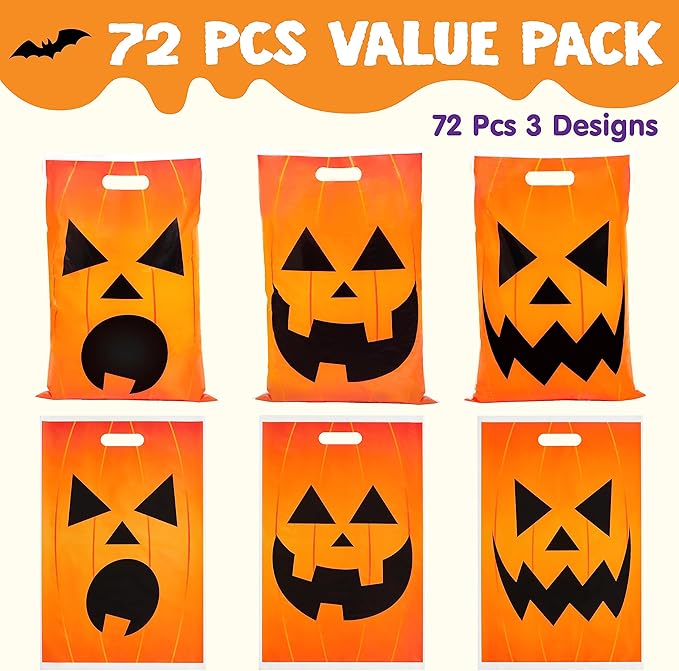 JOYIN 72 Pcs Halloween Goodie Bag, Pumpkin Plastic Candy Bags for Kids trick or treating, Halloween Jack o' Lantern Trick or Treat Bags for Snacks Party Favors, Treats Party Supplies