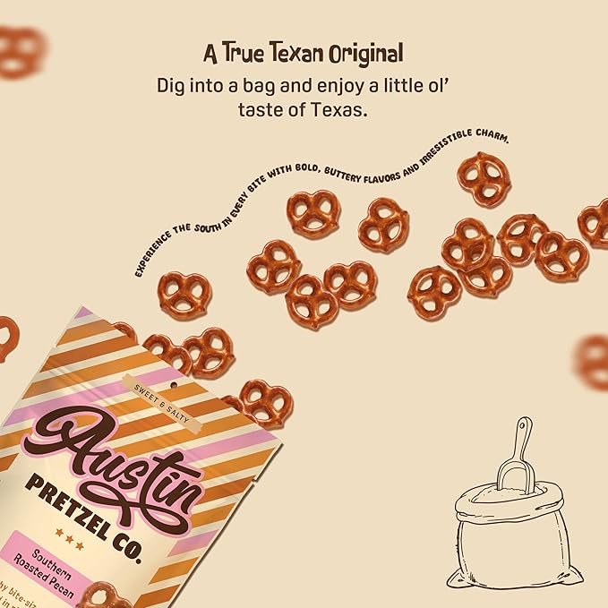 Southern Roasted Pecan Pretzels – 4 Oz Gourmet Snack, Crunchy Bite-Sized with Rich Butter Toffee Coating – A Taste of Texas in Every Bite Austin Pretzel