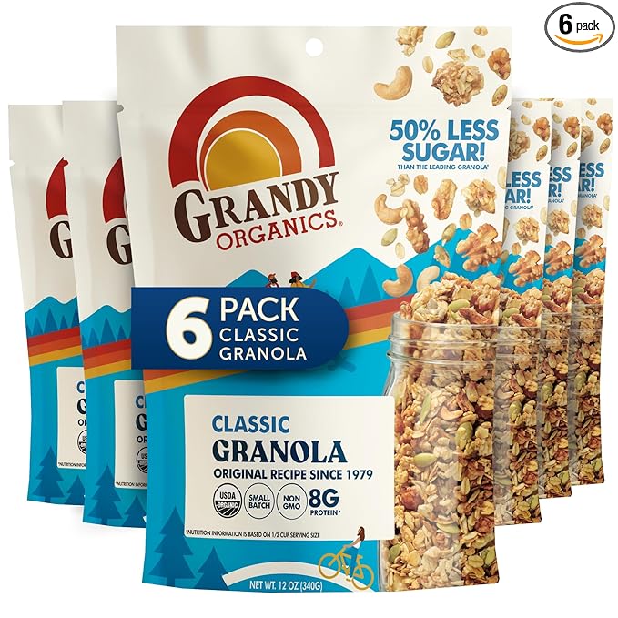 Grandy Organics Classic Granola, Certified Organic Granola Cereal, Low Sugar - Made with Oats, Pumpkin Seeds, Walnuts and Cashews, 12oz Bags, Bulk Pack of 6