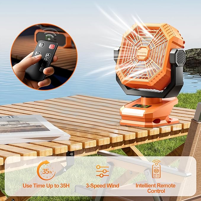 Portable Camping Fan with LED Lantern, 360°Rotation and Clip on for Desk, 8000mAh USB Rechargeable Battery Powered, Digital Display and Hanging Hook for Tent RV Outdoor Travel Barbecue Bedroom