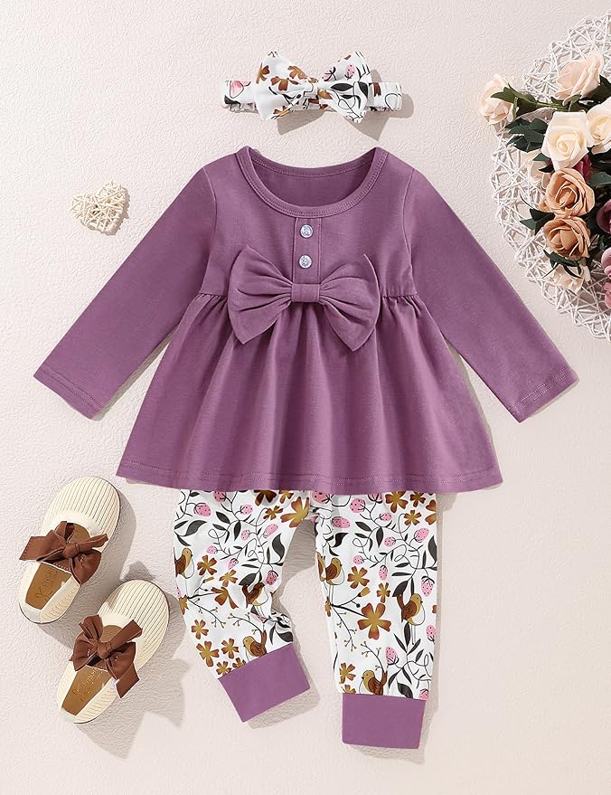 oklady Toddler Baby Girl Clothes Solid Color Ruffle Tops Floral Pants with Headband Fall Winter Cute Girl Outfits