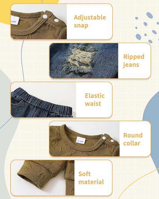 NZRVAWS Toddler Baby Boy Clothes Pullover Sweater Ripped Jean Sweatsuit Little Boy Outfit Fall Winter Clothing Set 6M-7T