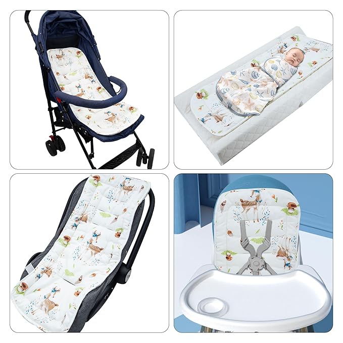 Baby Stroller Cushion,Infant Car Seat Insert-Reversible Universal Breathable and Soft Newborn Stroller Mat,100% Cotton Cover Toddler Seat Pad Liner-34x78cm,1 Pack(Deer+Hazelnut)