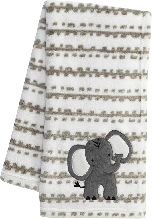 Lambs & Ivy Jungle Safari White/Tan Plush Minky Elephant Nursery Baby Blanket