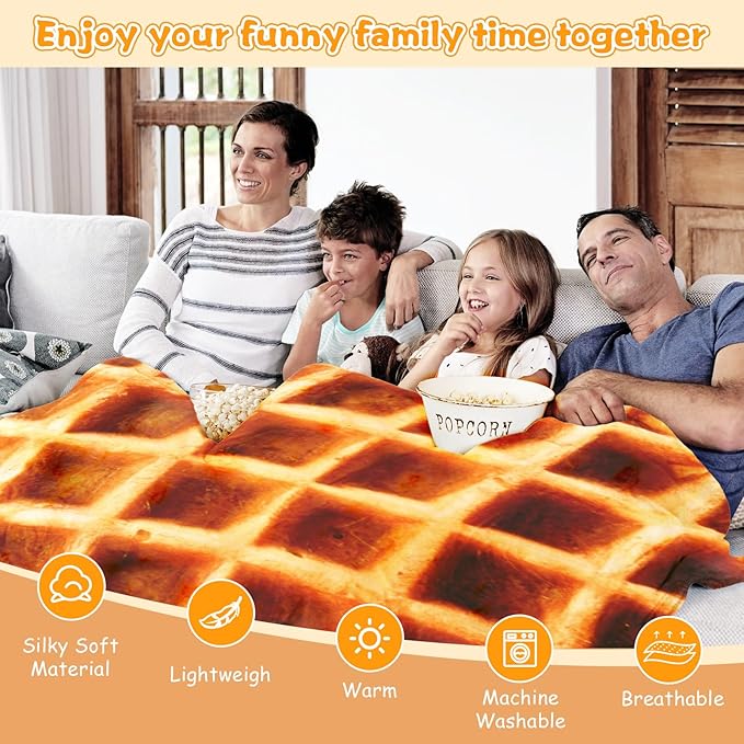Waffle Blanket for Teen Kids, 60 inch Food Blanket for Funny Gifts, Round Throw Blanket, Warm Soft Flannel Funny for Bed/Office/Travel