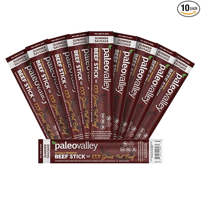 Paleovalley 100% Grass Fed Summer Sausage Beef Sticks - Delicious Gluten Free Beef Snack - High Protein Keto Friendly
