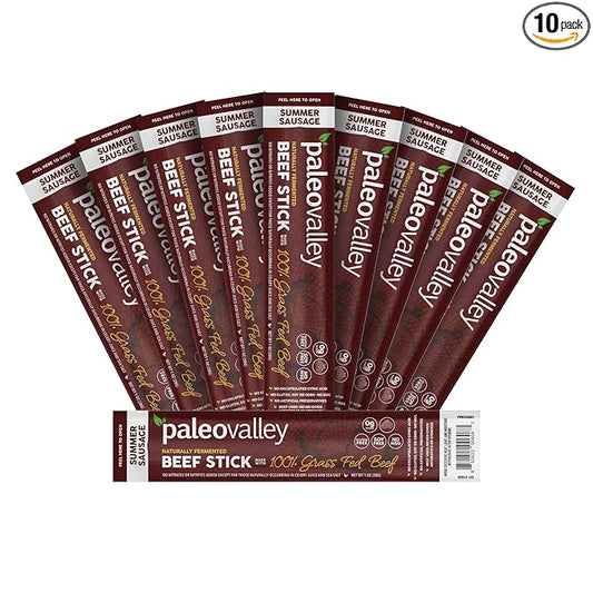 Paleovalley 100% Grass Fed Summer Sausage Beef Sticks - Delicious Gluten Free Beef Snack - High Protein Keto Friendly