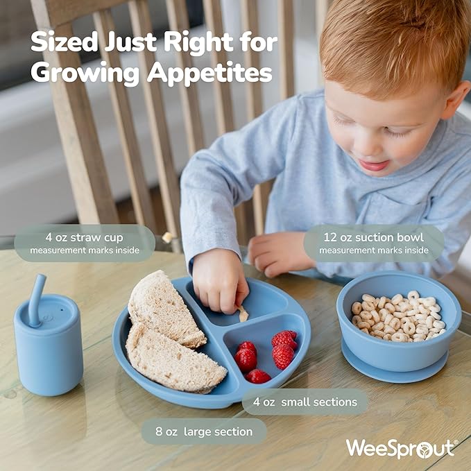 WeeSprout Baby Led Weaning Bundle, Silicone Suction Bowl, Spoons, Bib & Cup, Develops Self Feeding Skills, Dishwasher Safe (Mint)