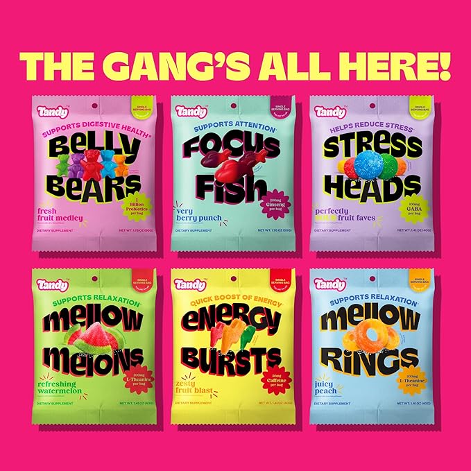 Tandy Gummy Sampler Variety Pack I Stress Relief, Energy Boost, Focus, Relaxing and Probiotic Gummy Bears I Gluten-Free Fast-Acting Dietary Supplement I 6-Pack