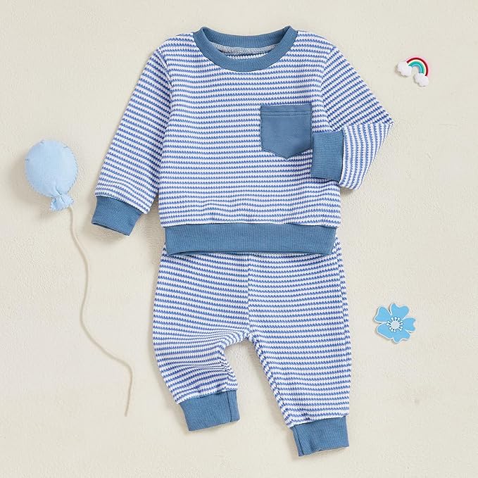 Baby Boy Toddler Fall Outfit Striped Sweatshirt Toddler Boy Winter Waffle Clothes 3 6 12 18 Months 2 3 T Pant Set