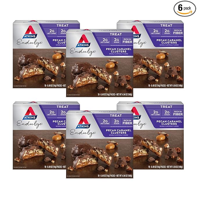 Atkins Pecan Caramel Clusters, Dessert Favorite, High in Fiber, Low Carb, 2g Sugar, 60 Count