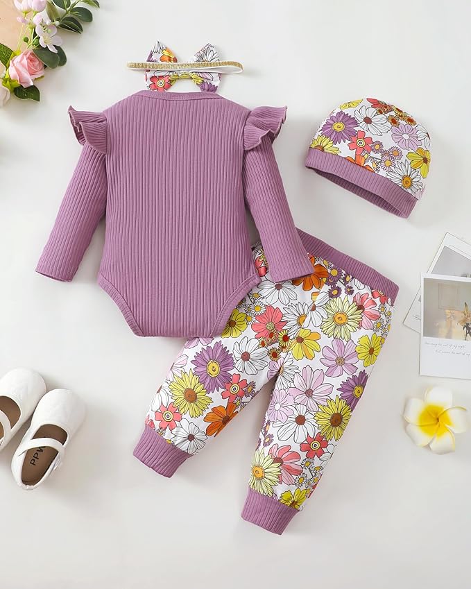 SUNNY PIGGY Baby Girl Clothes Newborn Outfits Infant Ruffle Romper 0-18M Fall Winter Flower Plaid Pants Clothing Set