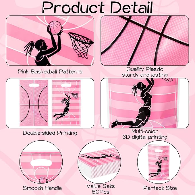 Basketball Party Favor Bags - 50Pcs Pink Basketball Goody Candy Treat Gifts Bags, Sport Themed Party Decorations for Adults Kids Boys Girls Birthday Outdoor Sports Events Supplies