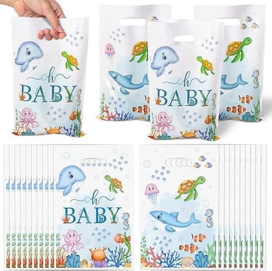 Summer Ocean Party Favor Bags - 50Pcs Sea Ocean Animals Goody Candy Treat Gifts Bags, Watercolor Under the Sea Themed Party Decorations for Kids Boys Girls Birthday Baby Shower Supplies