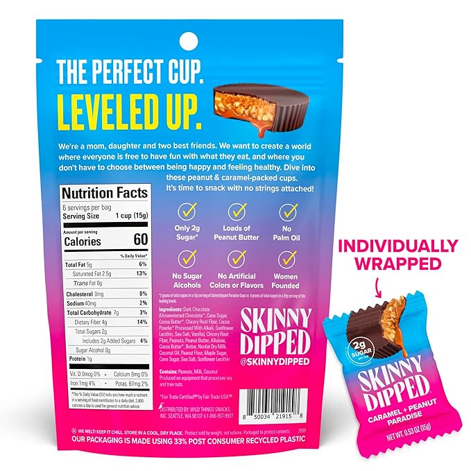 SkinnyDipped Caramel Peanut Paradise Cups, 2g Sugar per Cup, Gluten Free, Low Carb Snack, 3.2oz Resealable Bags, 6 Count (Pack of 4)