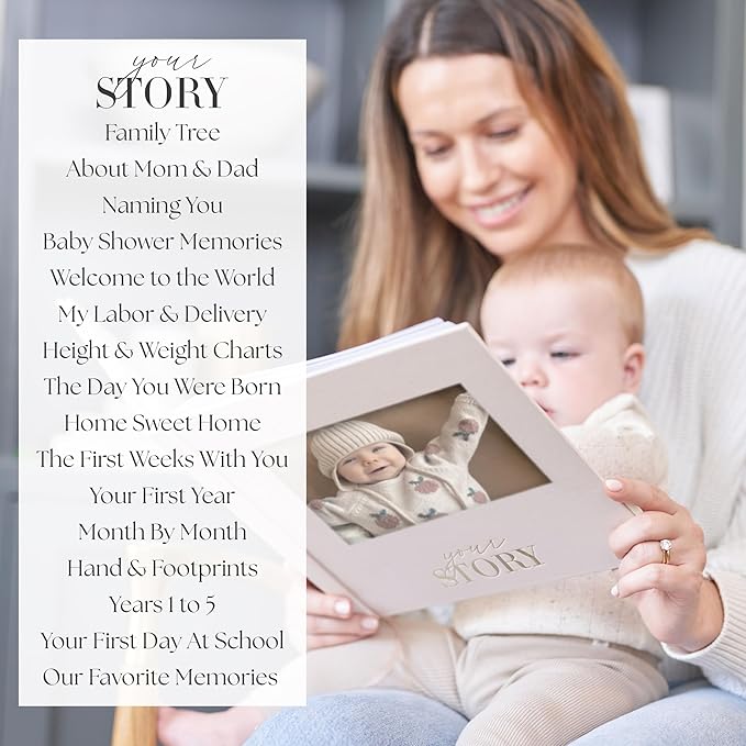 Baby Memory Book – Cream Fabric Baby Journal for Boys or Girls | Keepsake Scrapbook & Photo Album from Birth to Age 5 | Newborn Gift for Baby Shower or New Parents