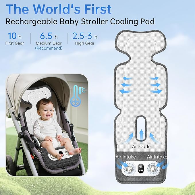 Baby Stroller Cooling Pad with Dual Turbo Blower,10000mAh Rechargeable Battery Powered Cooling Cushion, 3-Speed, Max 10H Runtime, Baby Summer Essential Car Seat Liner for Stroller Car Seat Crib