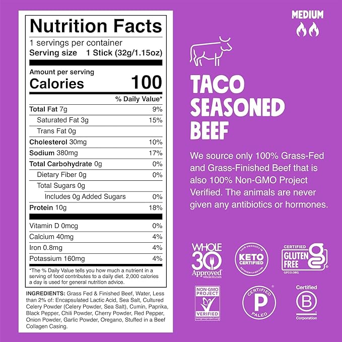 Chomps Grass-Fed Taco Beef Jerky Snack Sticks 24-Pack - Keto, Paleo, Whole30, 10g Lean Meat Protein, Gluten-Free, Zero Sugar Food, Non-GMO