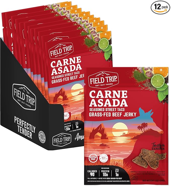 Field Trip Grass Fed Beef Jerky, Healthy Gluten Free Snacks, All Natural, Paleo-Friendly Beef Jerky, High Protein, Low Carb Snack with No Nitrates, 1oz Bag, 12 Pack, Carne Asada
